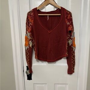 Free People Red Graphic Crop Blouse Long Sleeve